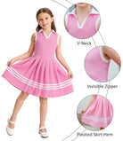 Close up details of girls polo dress showing pique fabric texture, ribbed collar, cuffs and side zipper design.