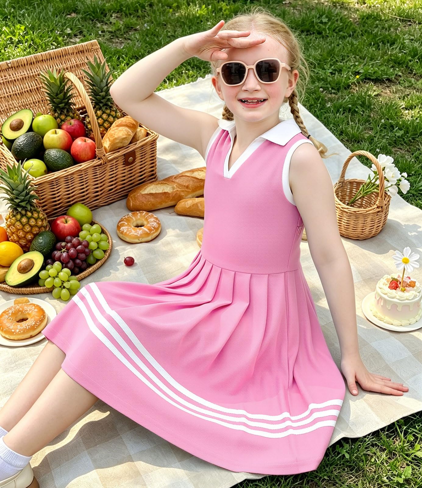 Girl wearing a color block polo dress during an outdoor activity, showing a comfortable A-line fit for summer days.