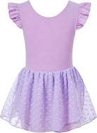 Girls purple ballet leotard dress with stretch fabric and ruffle sleeve design, stylish kids dancewear.