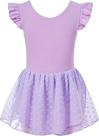 Girls purple ballet leotard dress with stretch fabric and ruffle sleeve design, stylish kids dancewear.