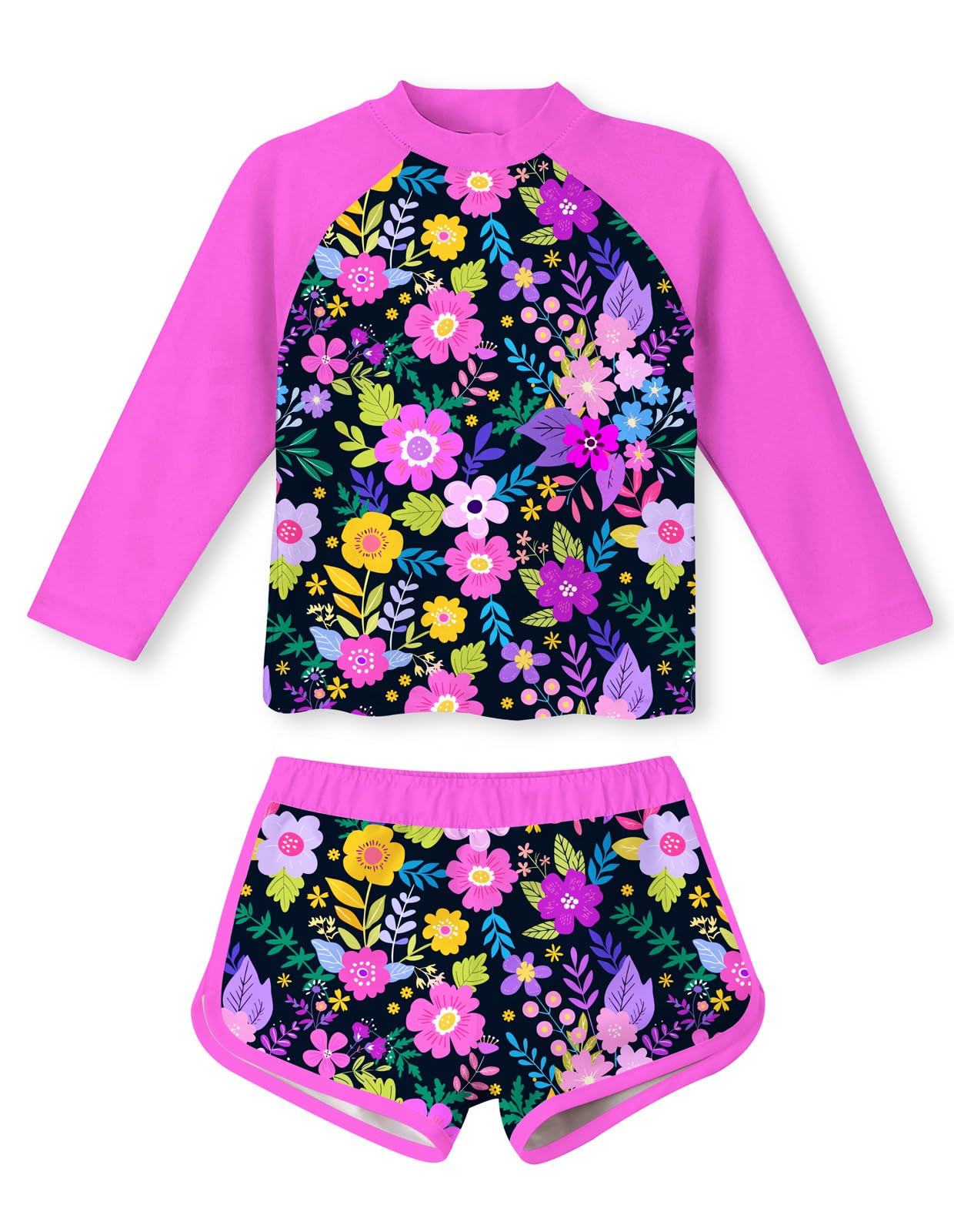 Girls purple botanical print long sleeve swimsuit set with matching shorts, colorful rash guard swimwear for summer holidays.