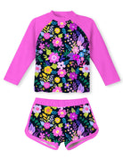 Girls purple botanical print long sleeve swimsuit set with matching shorts, colorful rash guard swimwear for summer holidays.