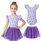 Girls purple bow ballet dress set with skirt, elegant kids dance outfit for ballet and gymnastics activities.