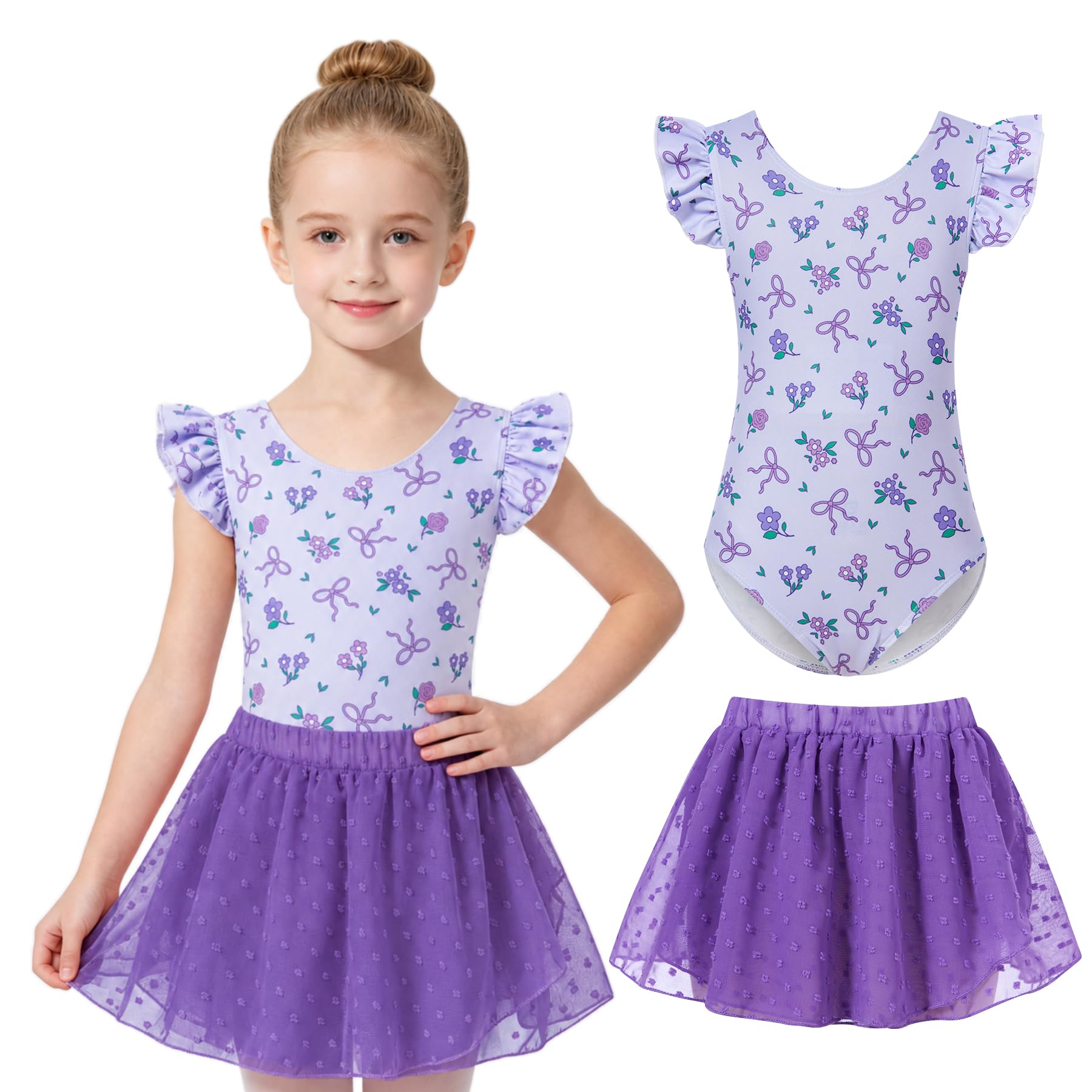 Girls purple bow ballet dress set with skirt, elegant kids dance outfit for ballet and gymnastics activities.