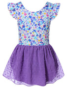 Girls purple butterfly ballet leotard dress featuring a floral butterfly print and soft chiffon skirt for dancing.