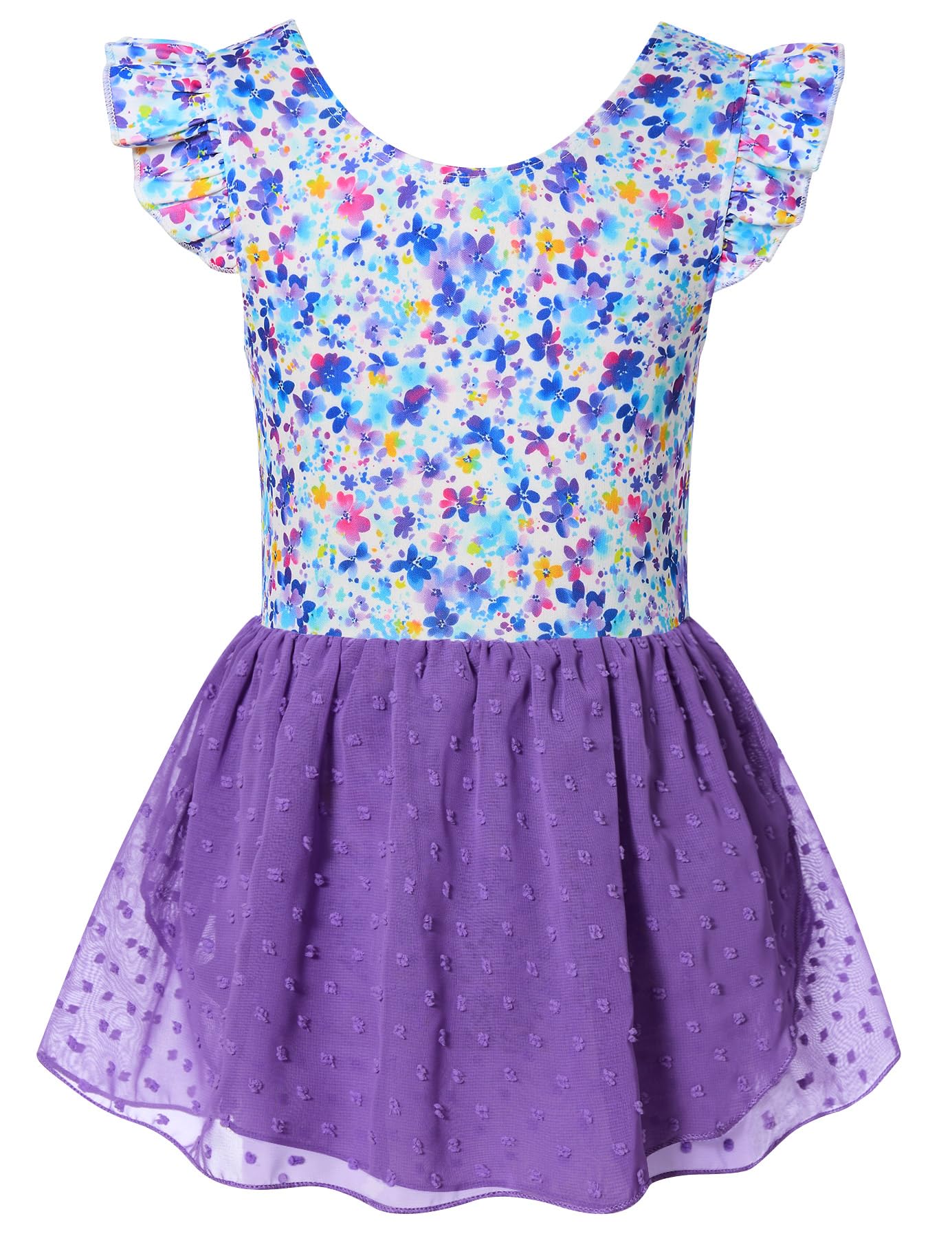 Girls purple butterfly ballet leotard dress featuring a floral butterfly print and soft chiffon skirt for dancing.