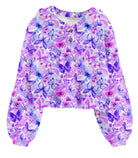 Girls purple butterfly print fleece pullover hoodie with soft lightweight fabric and comfortable relaxed fit for everyday fall and winter wear.