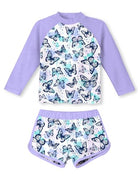 Girls purple butterfly long sleeve rash guard swimsuit set with matching swim shorts, UPF 50 sun protection swimwear for summer.