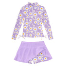 Girls purple daisy floral long sleeve swimsuit with skirted bottom, colorful two piece rash guard swimwear for beach vacations.