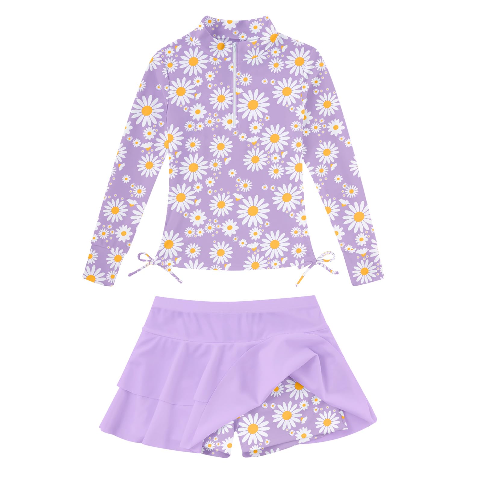 Girls purple daisy floral long sleeve swimsuit with skirted bottom, colorful two piece rash guard swimwear for beach vacations.