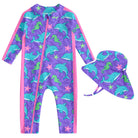 Toddler girls purple dolphin print long sleeve rash guard swimsuit with matching sun hat for beach trips, pools and water play.