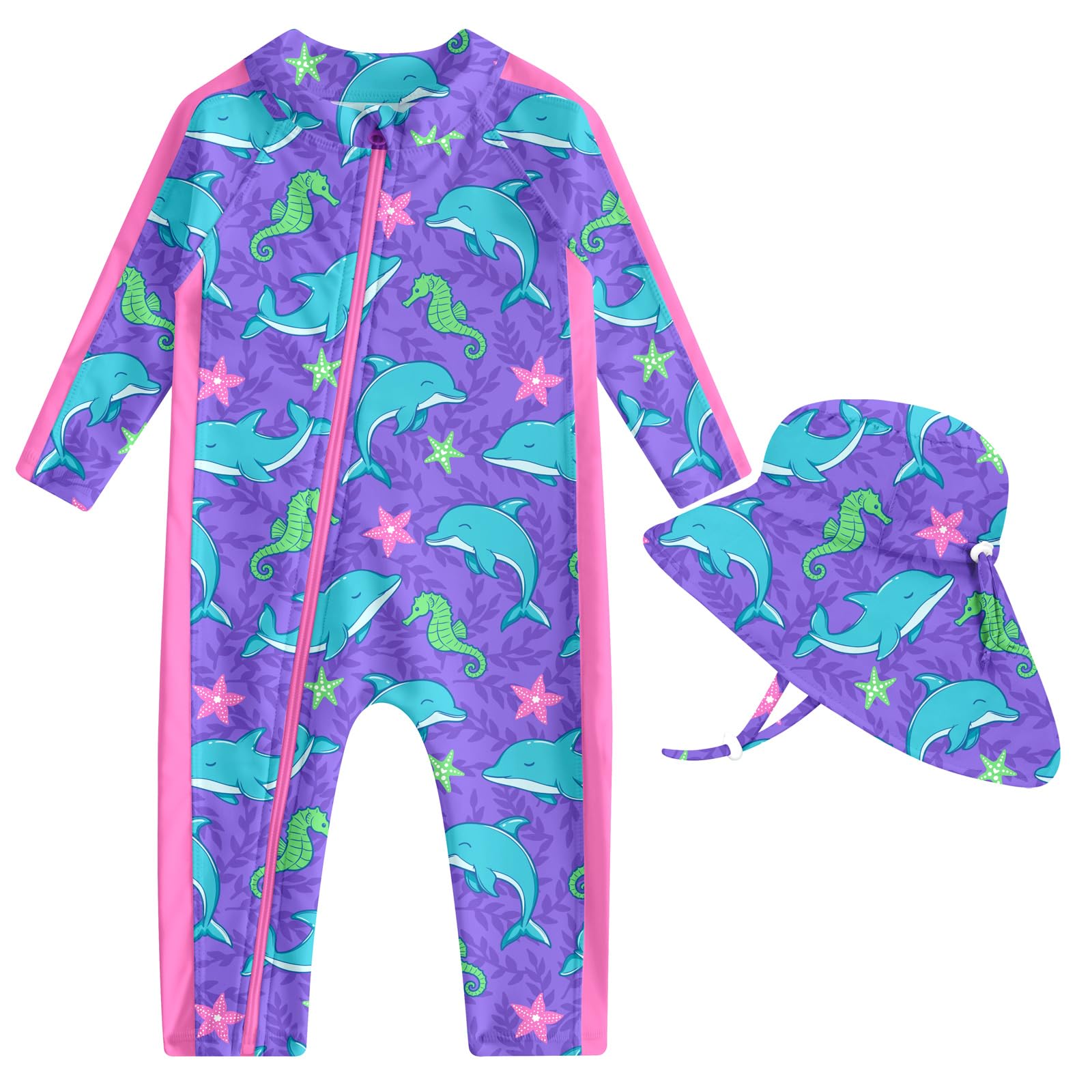 Toddler girls purple dolphin print long sleeve rash guard swimsuit with matching sun hat for beach trips, pools and water play.