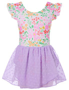 Girls purple floral ballet dress with soft chiffon skirt and stretch fabric, elegant dancewear for children.