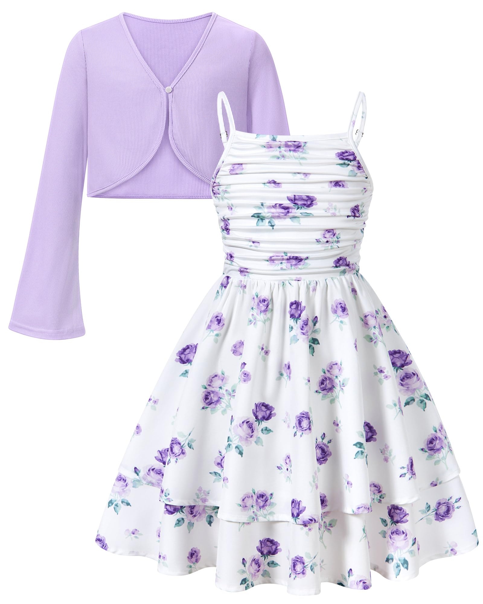 Girls Purple Floral dress with matching cardigan for vacations and parties.