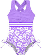 Girls purple floral one piece swimsuit with colorful print, UPF 50+ protection and comfortable stretch material.