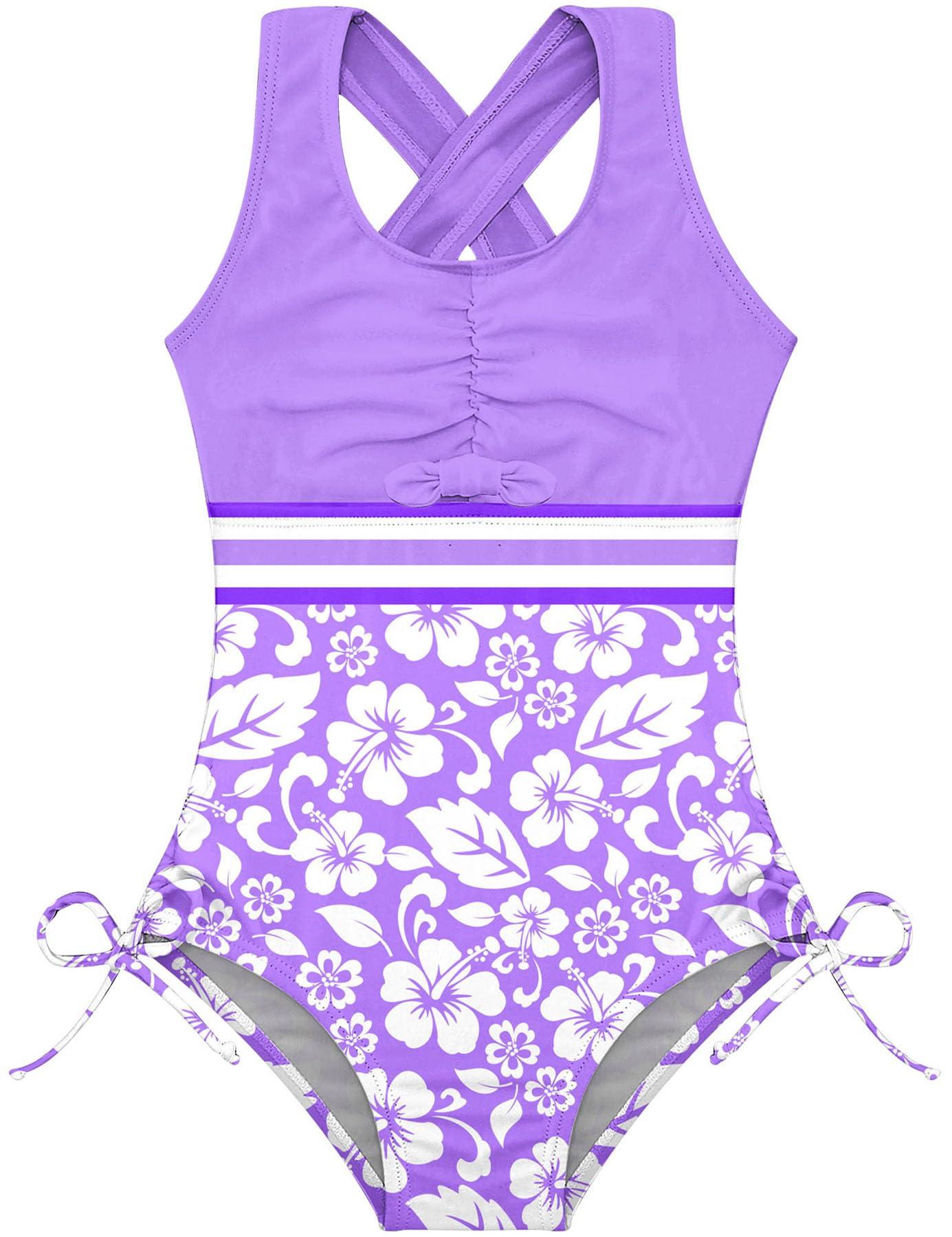 Girls purple floral one piece swimsuit with colorful print, UPF 50+ protection and comfortable stretch material.