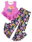 Girls purple floral pants set with ruffle tank top, lightweight two piece outfit for summer vacations and everyday activities.