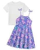 Girls purple floral sundress with matching top, stylish two piece summer outfit for everyday wear and occasions.
