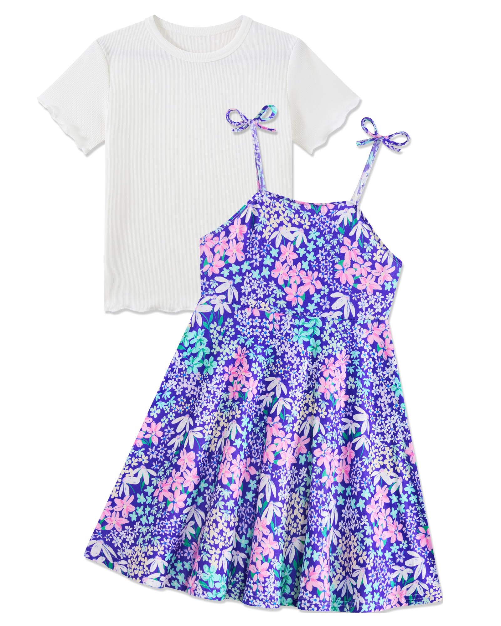Girls purple floral sundress with matching top, stylish two piece summer outfit for everyday wear and occasions.