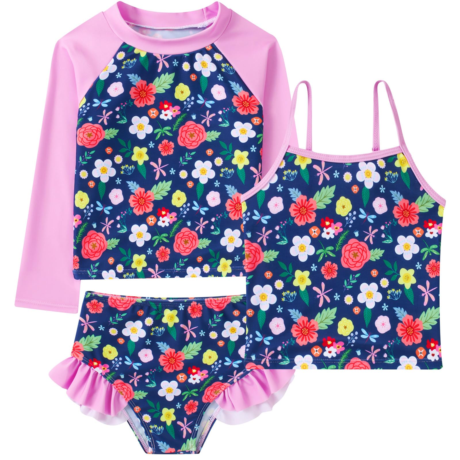 Girls purple floral tankini swimwear set with long sleeve rash guard and ruffle shorts, stylish kids beachwear.