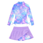 Girls purple galaxy nebula print long sleeve swimsuit set with skirt, unique kids swimwear for swimming and summer adventures.