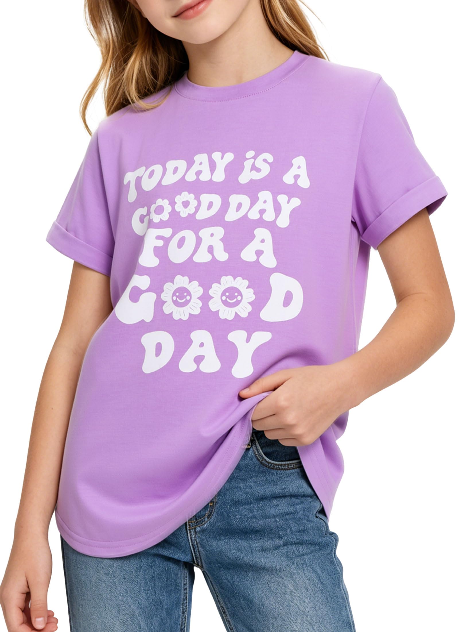 Girls purple graphic short sleeve T shirt with cute printed design, soft casual top for school and everyday wear.
