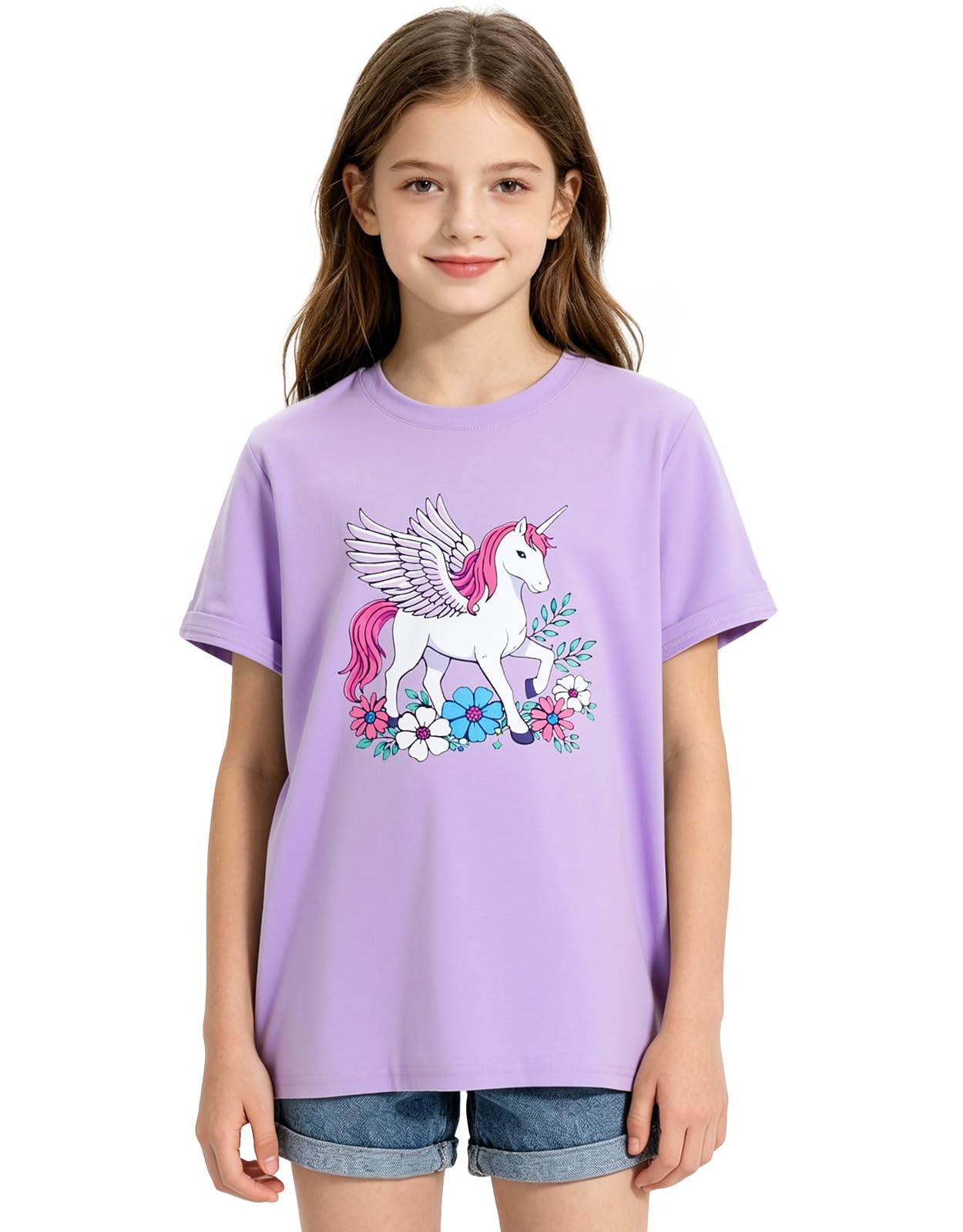 Girls purple graphic tee with playful printed design, comfortable short sleeve cotton shirt for casual wear.