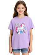 Girls purple graphic tee with playful printed design, comfortable short sleeve cotton shirt for casual wear.