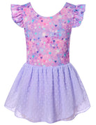 Girls purple heart print dance leotard dress with soft skirt design, comfortable clothing for ballet and performances.
