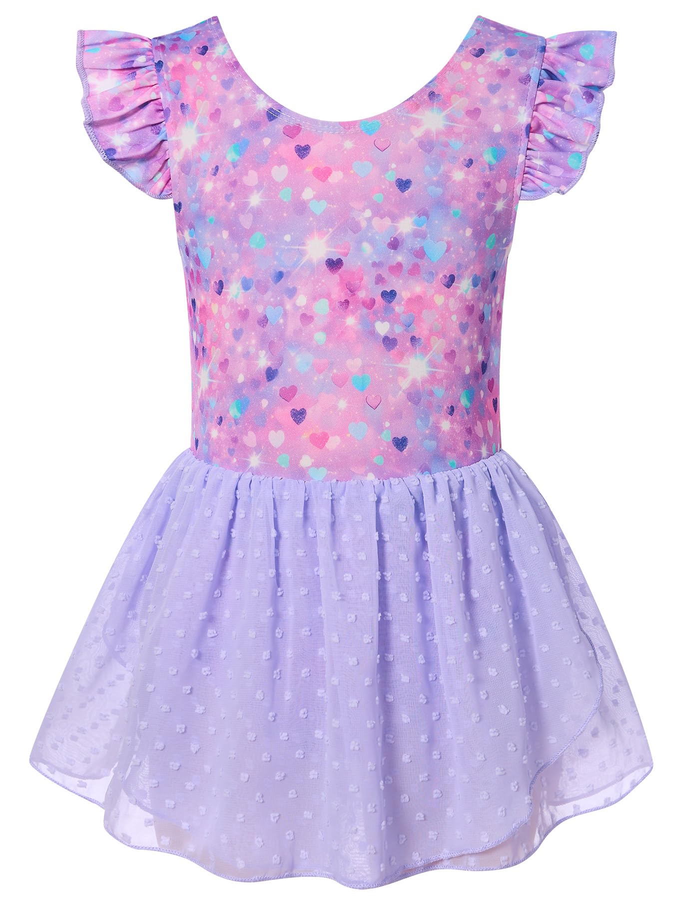 Girls purple heart print dance leotard dress with soft skirt design, comfortable clothing for ballet and performances.