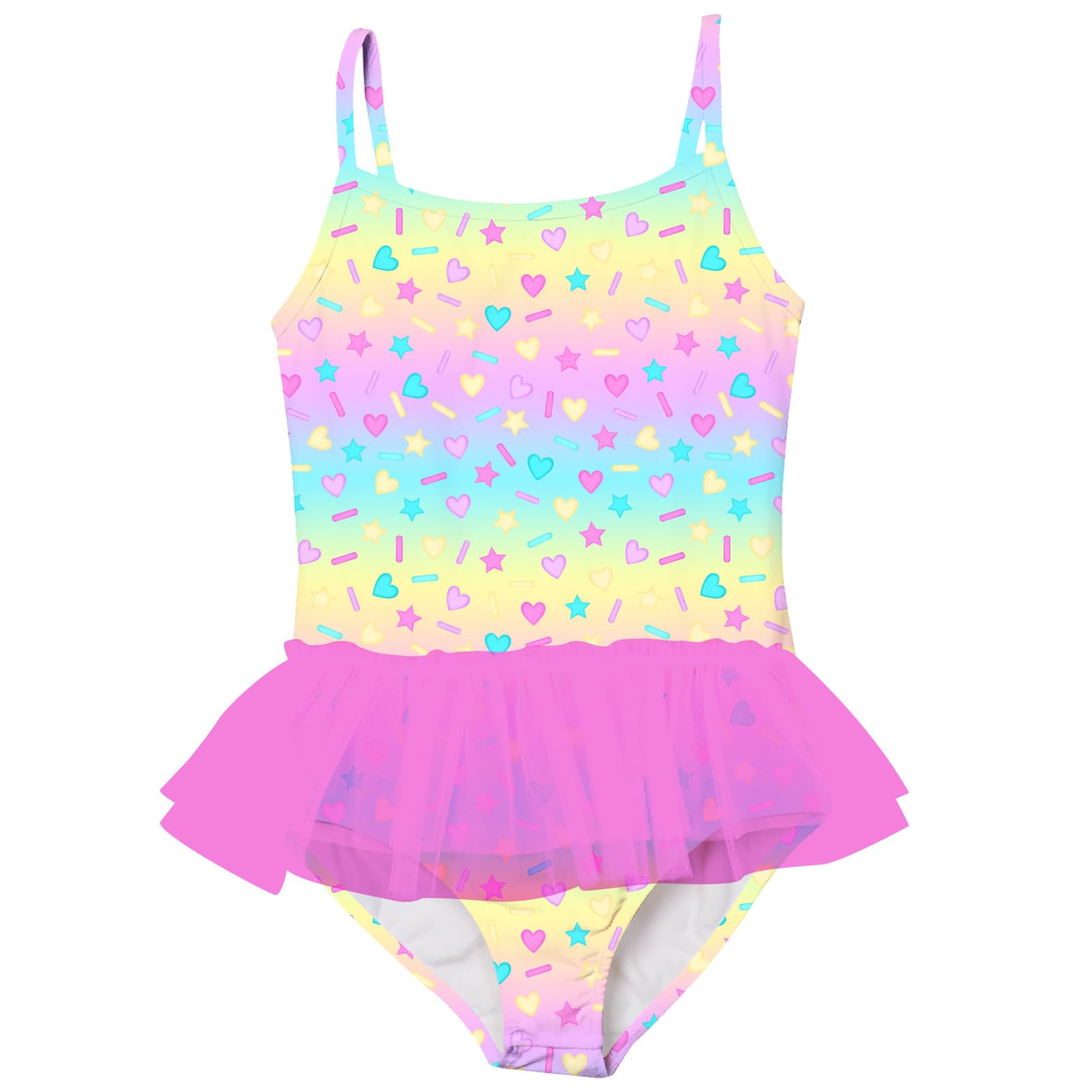 Girls purple heart print one piece tutu swimsuit with mesh skirt, adorable princess swimwear for toddlers and kids.