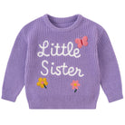 Girls purple knit sweater with Little Sister lettering and colorful floral details for cozy everyday and family outfits.
