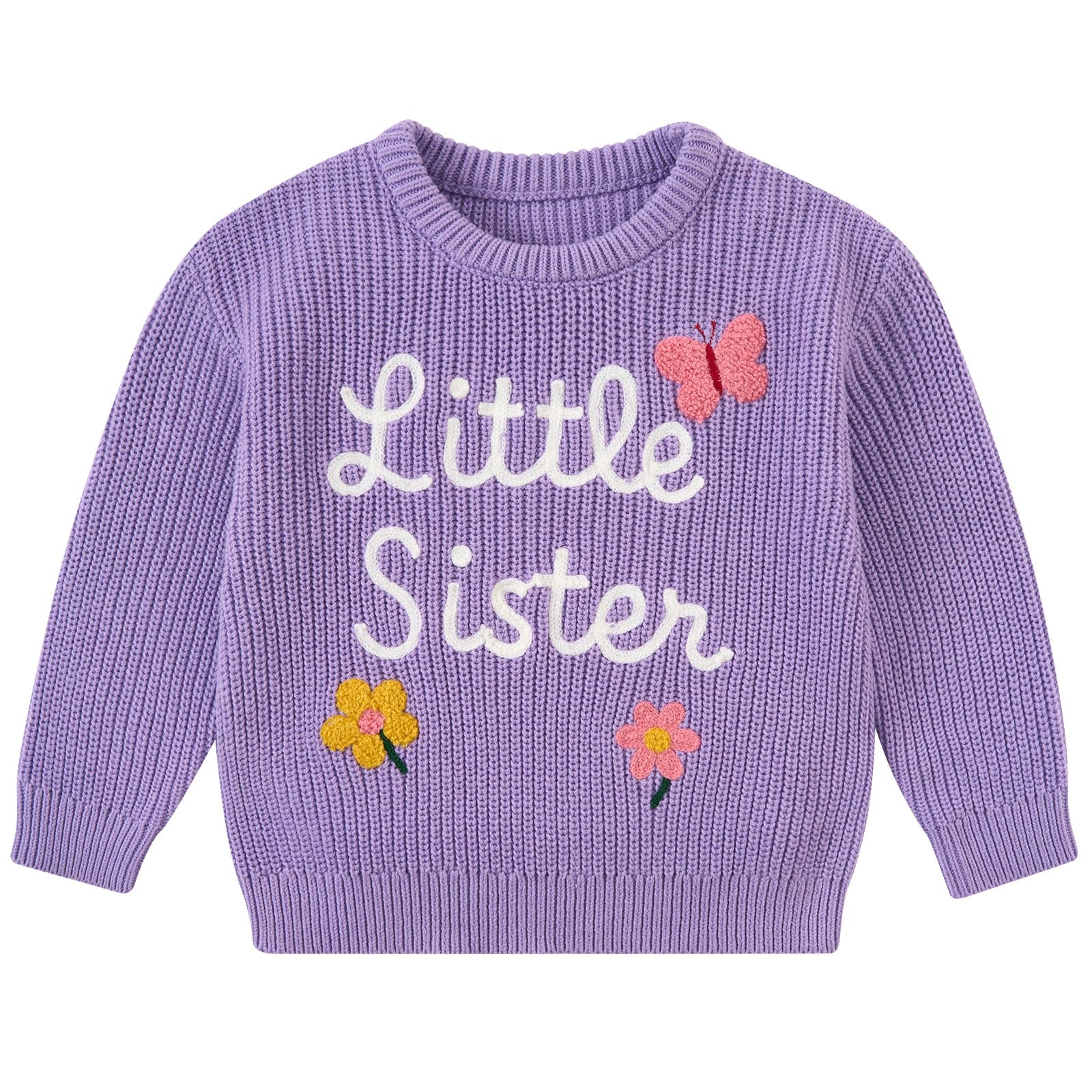 Girls purple knit sweater with Little Sister lettering and colorful floral details for cozy everyday and family outfits.
