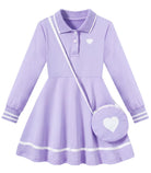 Girls purple long sleeve polo dress with classic collar and matching bag accessory, cute outfit for school and outings.
