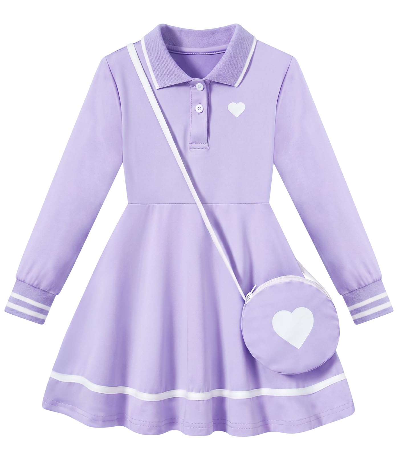 Girls purple long sleeve polo dress with classic collar and matching bag accessory, cute outfit for school and outings.