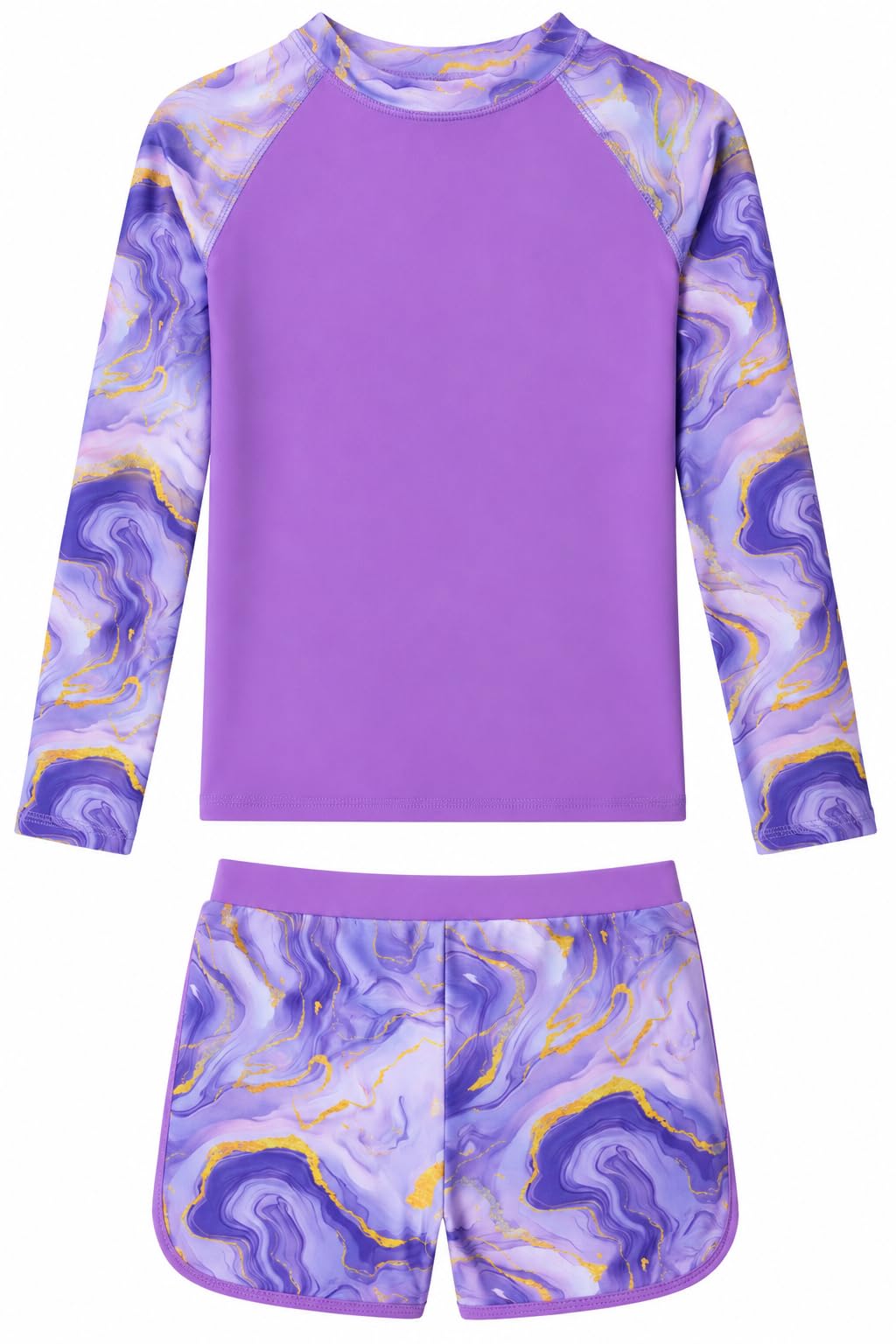 Girls purple marble long sleeve rash guard swimsuit set with removable pads, stretch fabric and matching swim shorts for comfortable water activities.