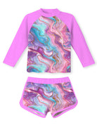 Girls purple marble pattern rash guard swimsuit with long sleeves and matching shorts, stylish printed swimwear for kids.