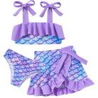 Girls purple mermaid bikini set with matching cover up skirt, comfortable summer swimwear for kids.