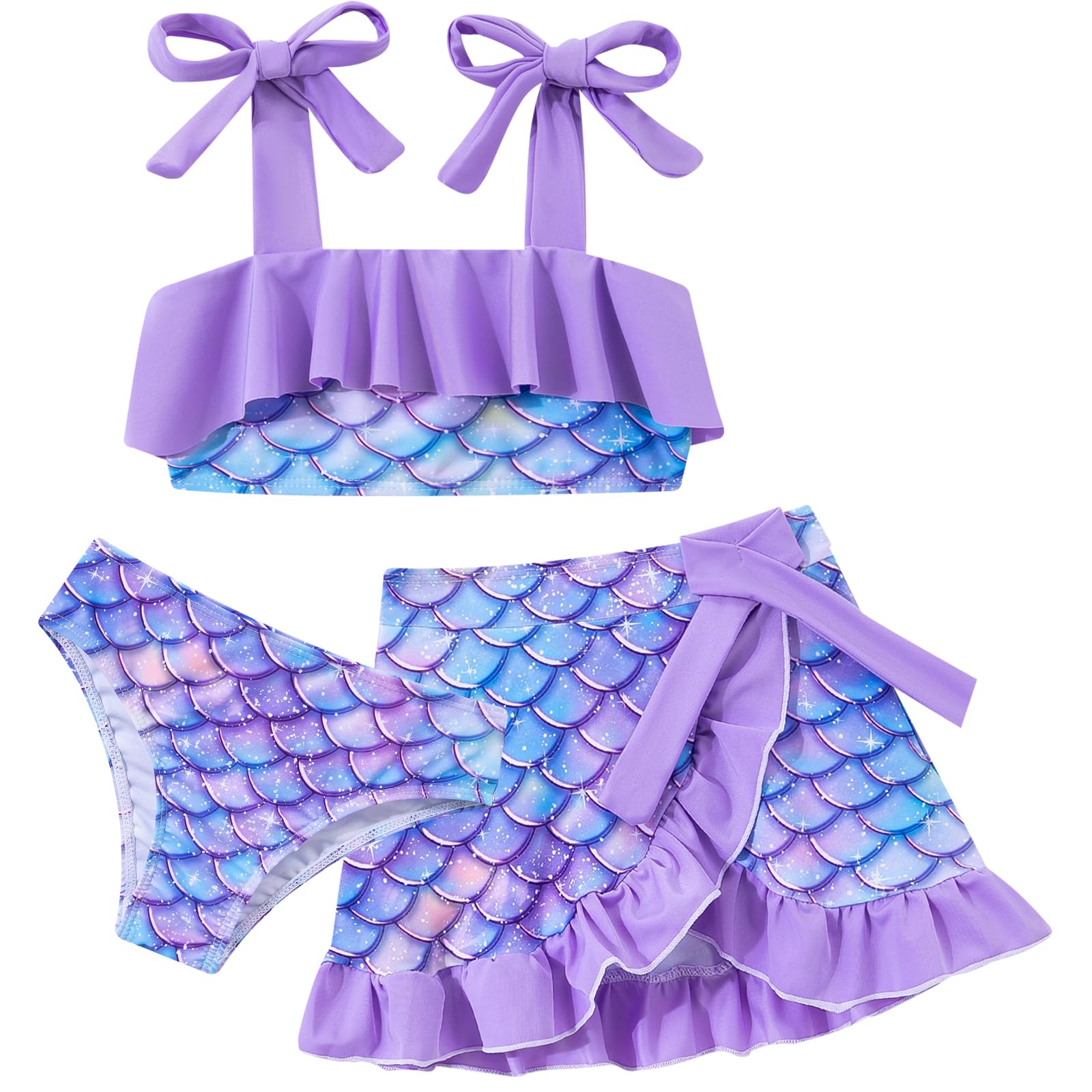 Girls purple mermaid bikini set with matching cover up skirt, comfortable summer swimwear for kids.