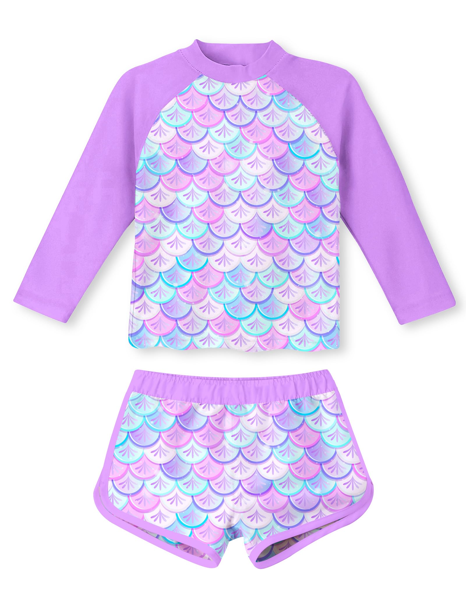 Girls purple mermaid print rash guard swimsuit set with long sleeves and matching shorts for beach vacations.