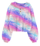 Girls purple nebula print fleece pullover hoodie with colorful galaxy-inspired design and soft fabric for casual cool-weather outfits.