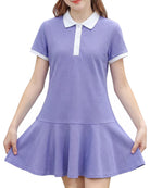 Girls purple collared polo dress with pleated skirt design, comfortable and stylish outfit for school and daily wear.