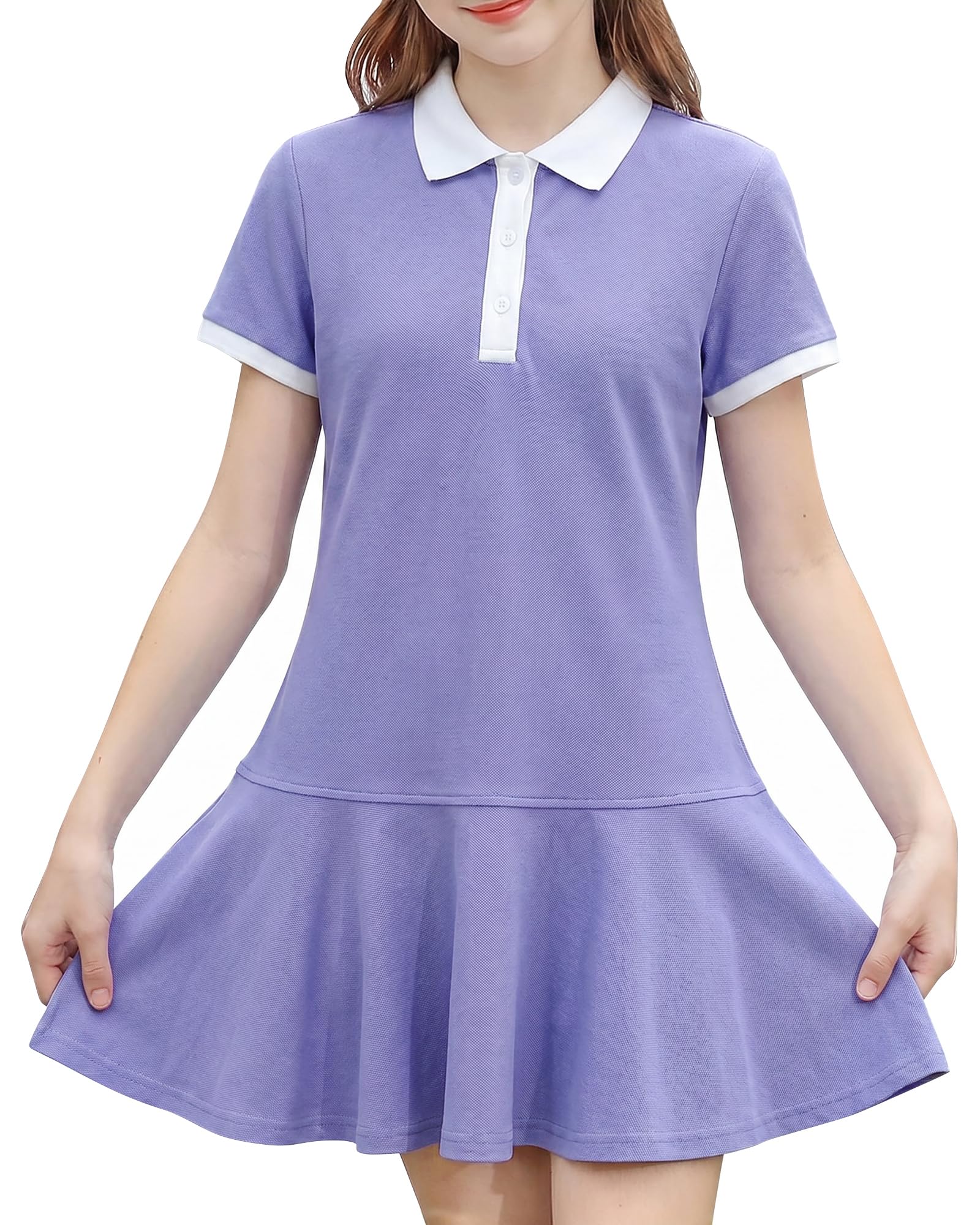 Girls purple collared polo dress with pleated skirt design, comfortable and stylish outfit for school and daily wear.