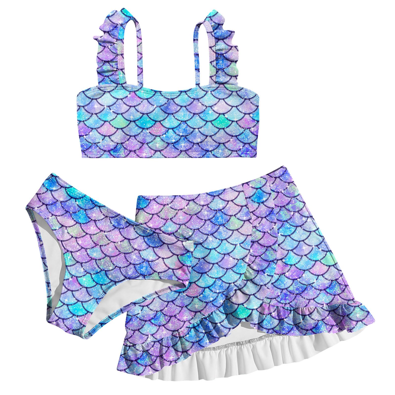 Girls purple 3 piece bikini swim set with colorful printed top, matching bottoms and ruffle swim skirt for beach and pool days.
