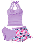 Purple girls tankini swimsuit with colorful printed design