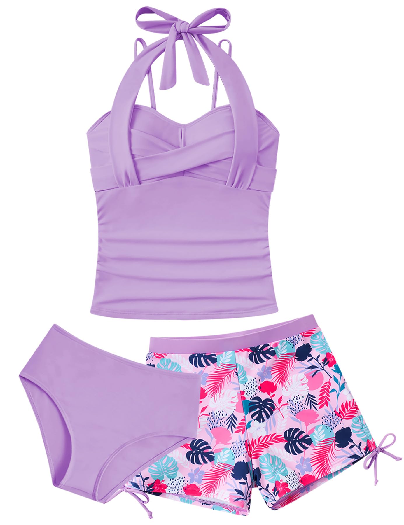Purple girls tankini swimsuit with colorful printed design