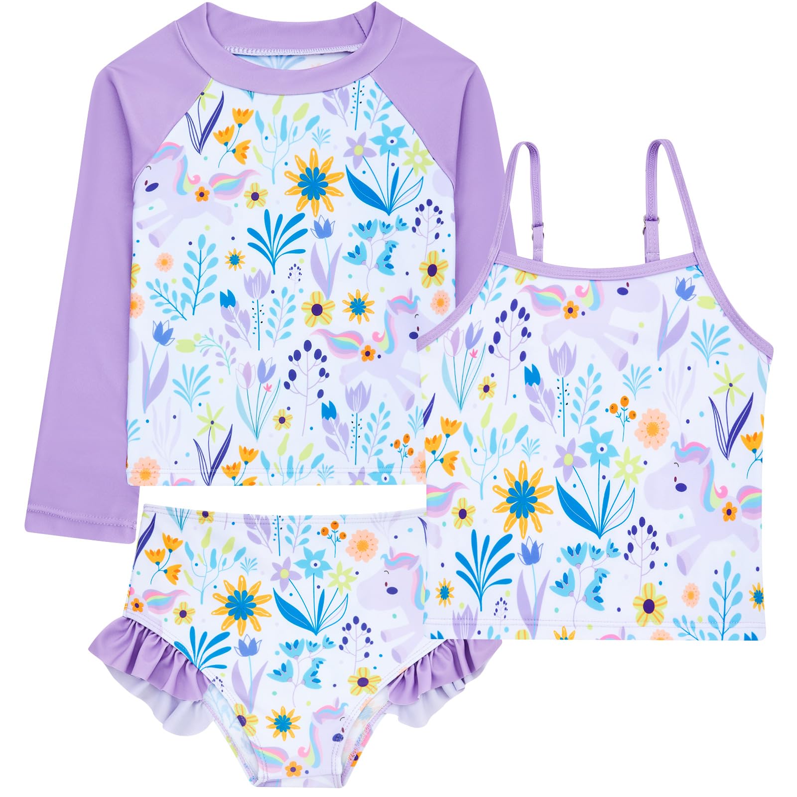 Girls purple printed tankini swimsuit set with rash guard top and matching shorts, cute kids swimwear for vacations.