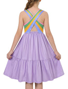 Girls purple rainbow strap sundress with cross strap detail and lightweight fabric, cute summer dress for young girls.