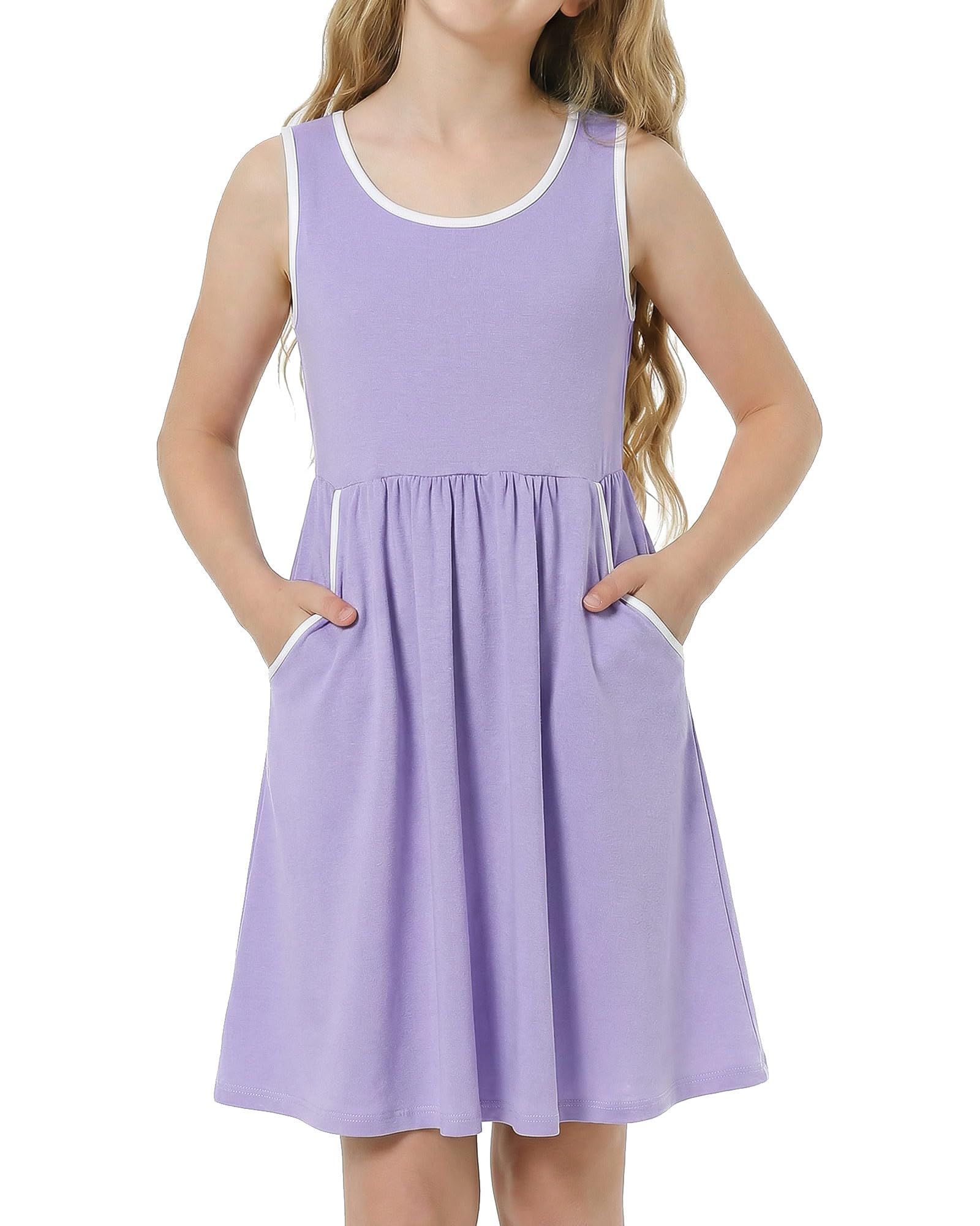 Girls purple sleeveless dress set with matching shorts, comfortable kids summer outfit with a relaxed fit.