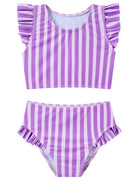 Girls purple striped two piece bikini set with ruffle shoulder top and matching high-waist bottoms for swimming and summer wear.